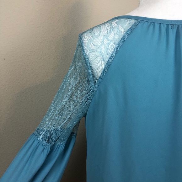 Metaphor Turquoise Blue Lace Drop Shoulder Chiffon Long Sleeve Peasant Blouse - Picture 4 of 8